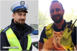 Policjanci ruchu drogowego. Jeden trzyma kotka na ręku