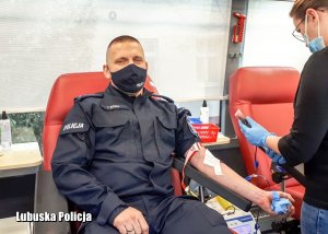 Policjant oddaje krew w krwiobusie.