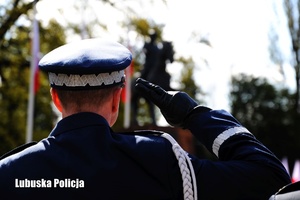 Generał Polskiej Policji salutuje przy pomniku Marszałka Piłsudskiego