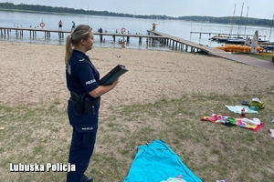 Policjantka podczas kontroli terenów wodnych, w tle osoby kąpiące się w jeziorze.