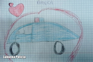 Narysowany radiowóz policyjny przez dziewczynkę